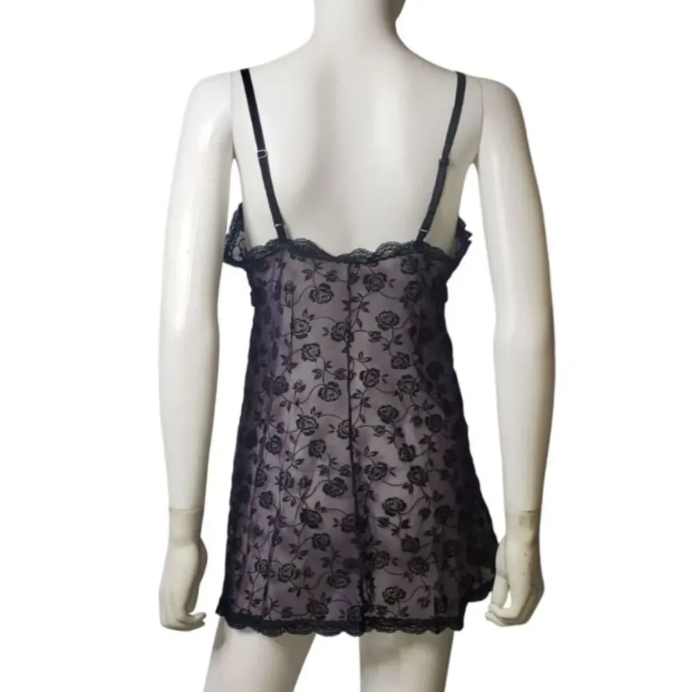 Vintage 90's Purple Black Lace Chemise Nightie Nightgown Slip Womens Size Medium - Picture 2 of 6